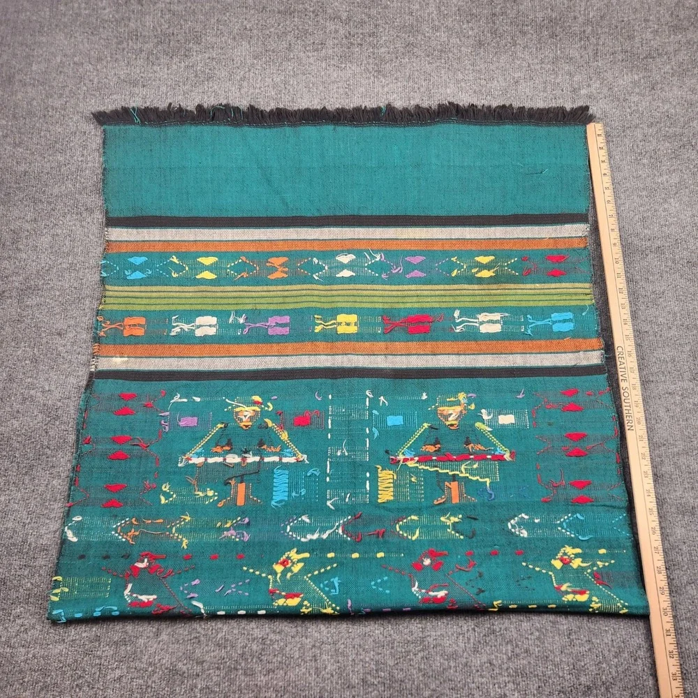 Vintage Handwoven Guatemalan Tapestry Teal Mayan Folk Art Bird Textile 60x30